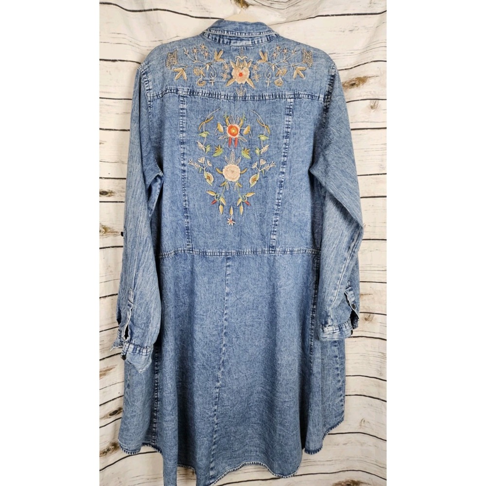 Nostalgia Blue Denim Embroidered Tunic Dress 2X 100% Cotton Roll Sleeves Boho